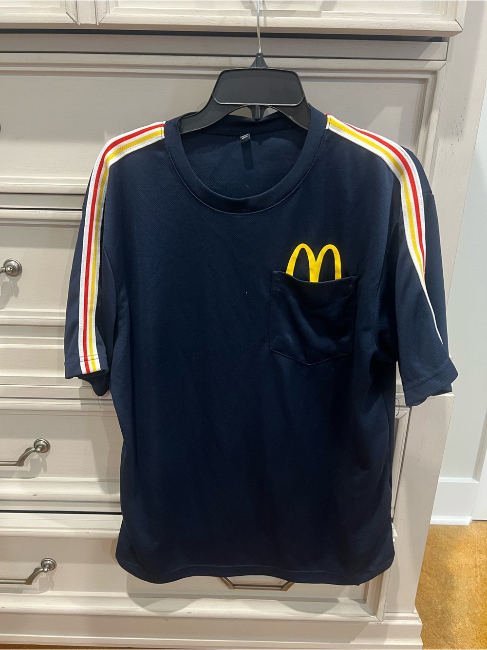 McDonald's Navy Work Tee with Yellow Logo and Rainbow Shoulder Stripes